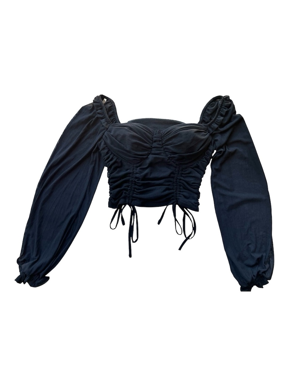 privy Black Ruched Long-Sleeve Drawstring Crop Top S